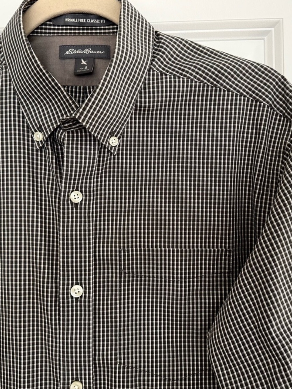 Eddie Bauer Wrinkle Free Classic Fit Black Brown White Check Button Down Shirt